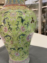A Chinese famille rose lime-green-ground vase, Qianlong mark, 19/20th C.